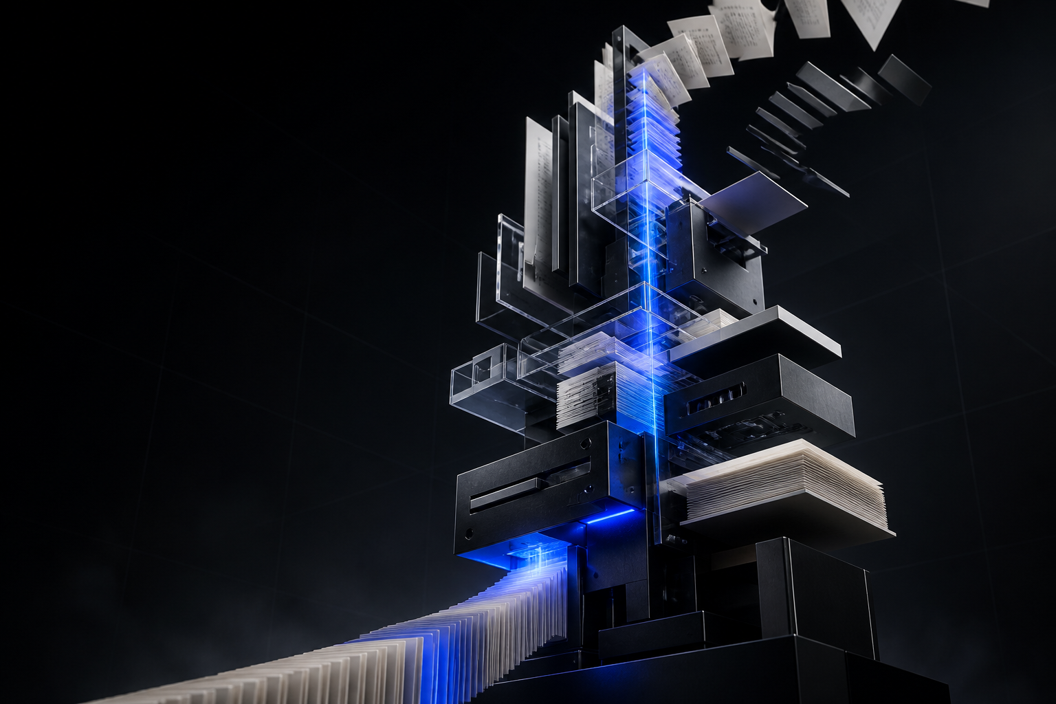Abstract brand-building engine assembling cards, paper and panels around an electric-blue core