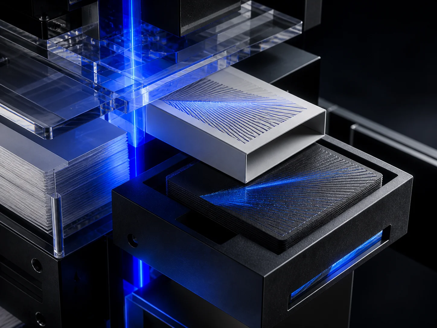 Close-up of a premium brand product emerging from an electric-blue production system