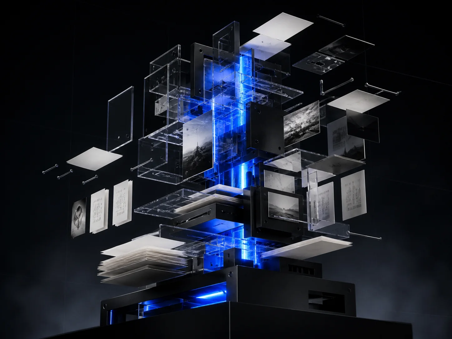 Brand panels, pages and image cards assembling around an electric-blue core