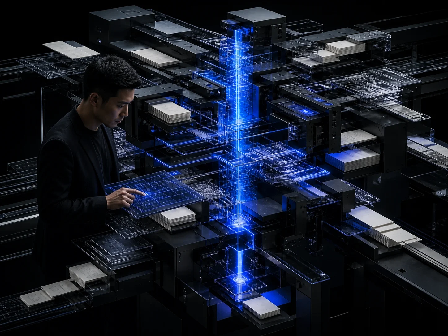 A strategist operating a complex brand machine with interlocking modules and an electric-blue processing core