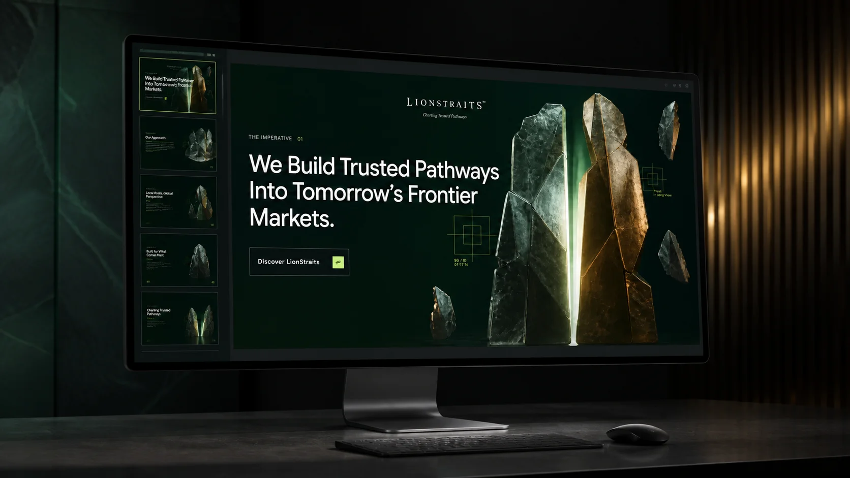 Desktop computer displaying a LionStraits PowerPoint presentation