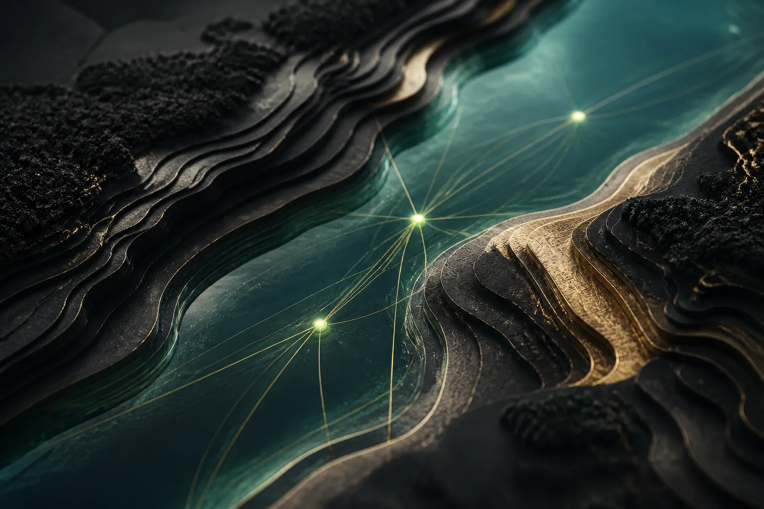 Abstract layered shorelines connected by trusted pathways into Indonesia